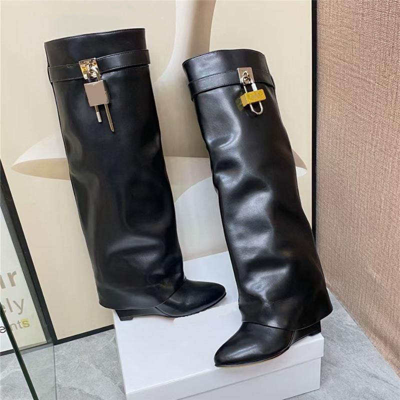 

European women's high boots black leather botines mujer punk style round wedge shoes luxury metal decorative sliding cover botas feminas 2021, Customize