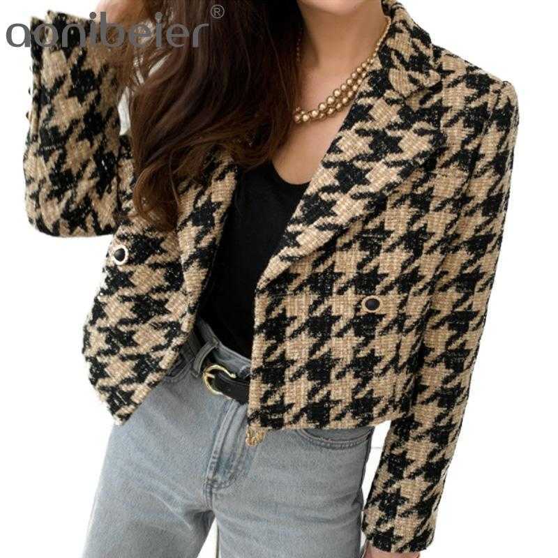 

Winter Female Turn Down Collar Double Breasted Minimalist Loose Plaid Cotton Heavy Tweed Jacket Cardigan Coat Outwear 210604, Khaki