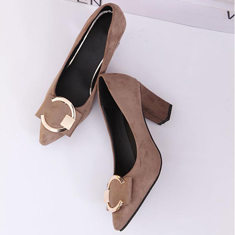 

Dress Shoes Women Metal Pumps Ladies Fashion Square Heels Woman Pointed Toe Slip On Casual Female Solid Comfortable Footwear, Black