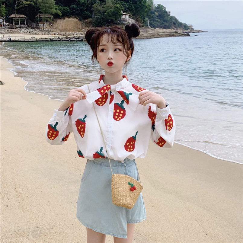 

2021 New Harajuku Strawberry Printing of Women and Summer Tops Ulzzang Bow Long Japanese Shirt Kawaii School Clothes 1y8g, White