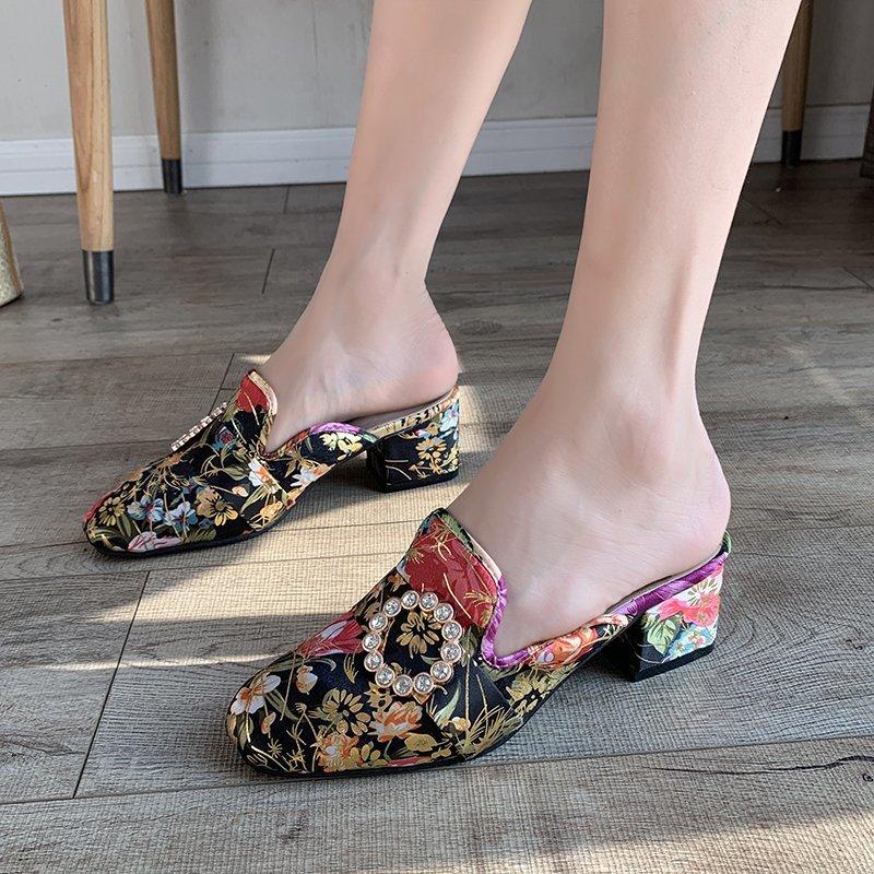 

Net red Baotou half slippers female ins tide 2021 spring and summer new fashion wild thick-heeled lazy mules M1788, Black