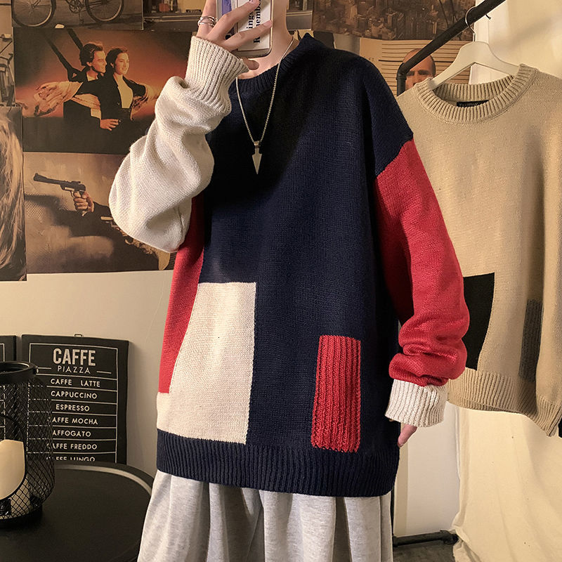 

2021 New Winter Thick Retro Sweater Men's Warmth Fashion Hit Color Casual Knitted Pullover Men Wild Loose Korean Sweaters Mens Clothes Qwag, Royal blue