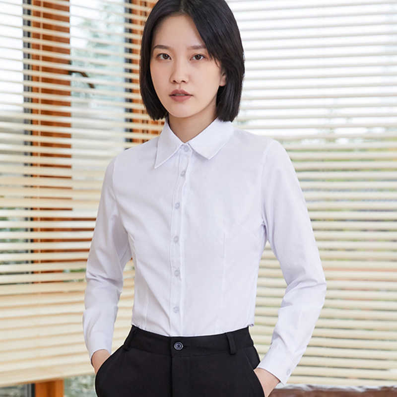 

Cotton Shirt Long Sleeve Blouses Office Lady White business Top Woman Blouse Pink Tops Plus Size 210604