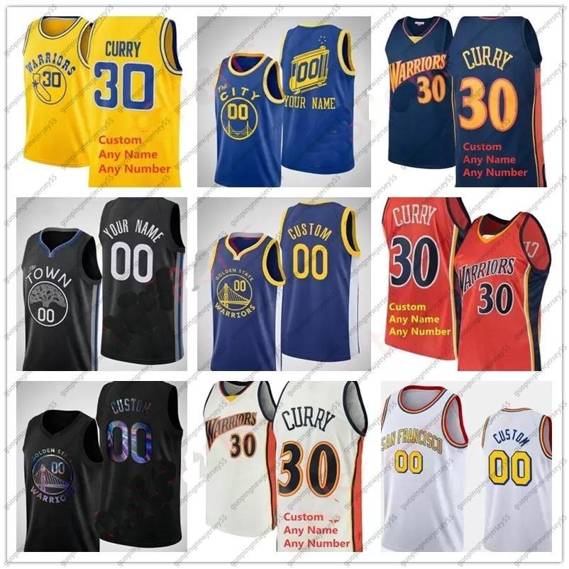 

2021 Men Women Kids Printed Stephen 30 Curry Klay 11 Thompson Andrew 22 Wiggins Draymond 23 Green Jersey New City Navy Blue White Yellow