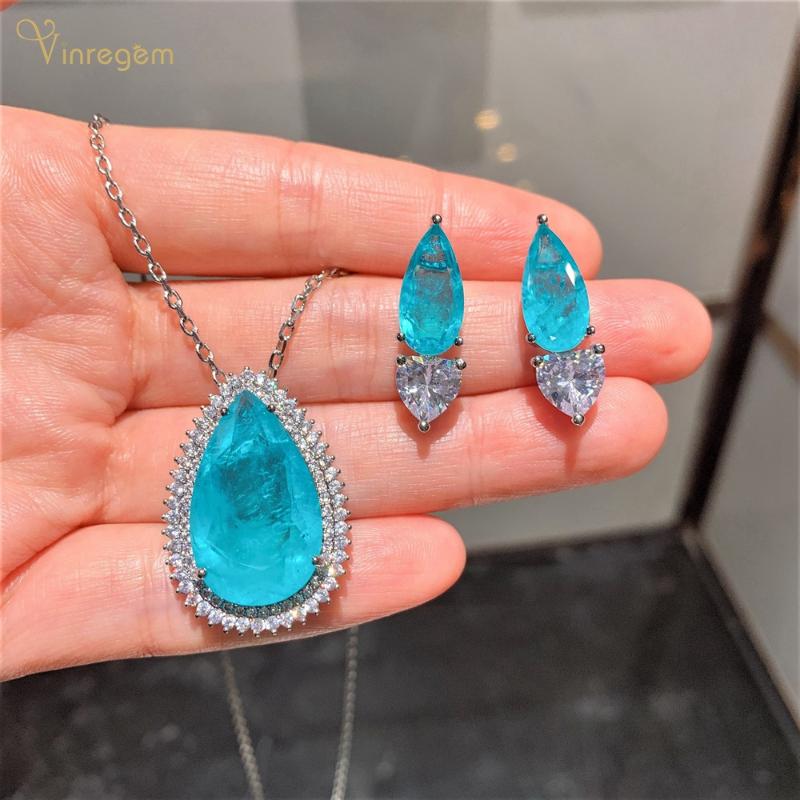 

Bracelet, Earrings & Necklace Vinregem Luxury 925 Sterling Silver Pear Paraiba Tourmaline Created Moissanite Engagement Earrings/Pendant/Nec, Black