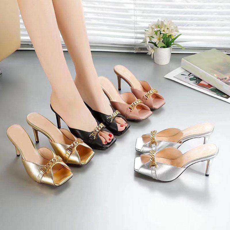 

Women's design slippers fishmouth sandals peep toe gold high heels summer leather metal suit Xuanyuan party essential 35-40, Black