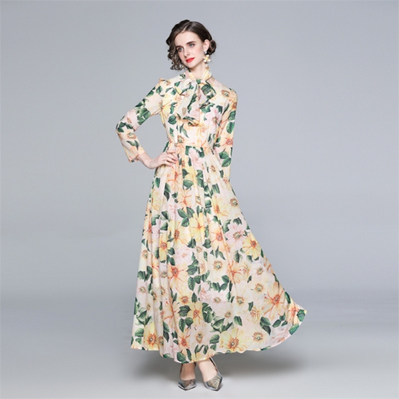 

Brand Designer Long Maxi Print Runway Dresses Women Big Swing Holiday Beach Chiffon Dress 210602, Yellow