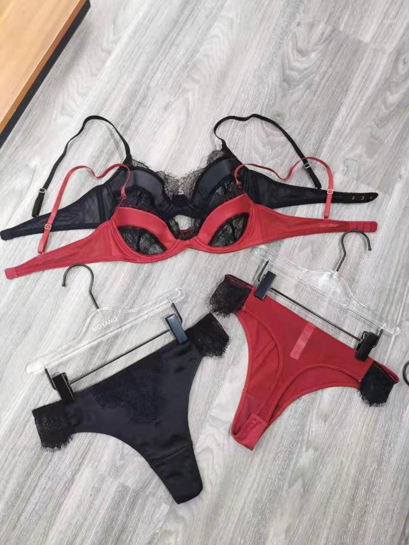 

Bras Sets Wriufred Sexy Lace Satin Stitching Lingerie Panties 2pcs Set Perspective Temptation Thin Bra Ladies Underwear, As picture show