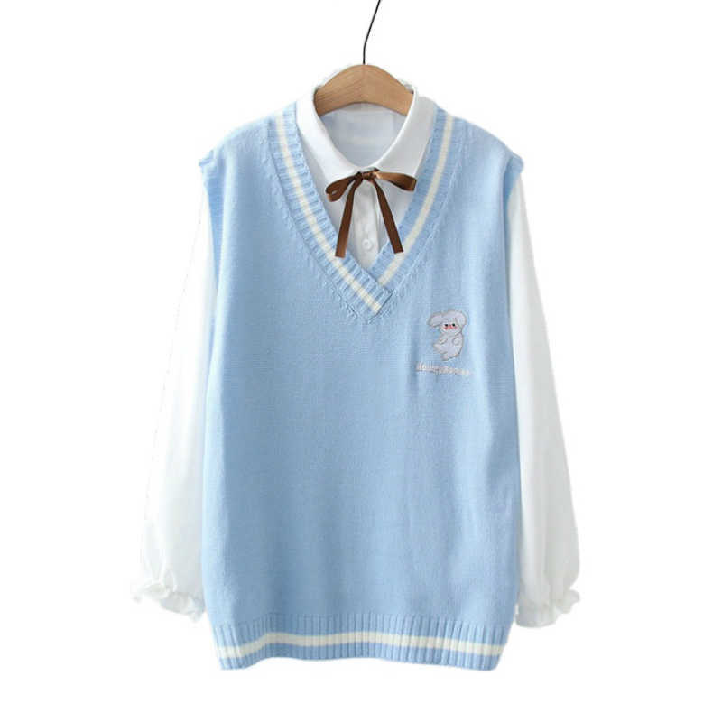 

Women Sets Cartoon Embroidery Sleeveless V-neck Knitted Vest And Solid Lace Up Blouse Shirts Winter Preppy 2 Piece Clothes 210526, Blue
