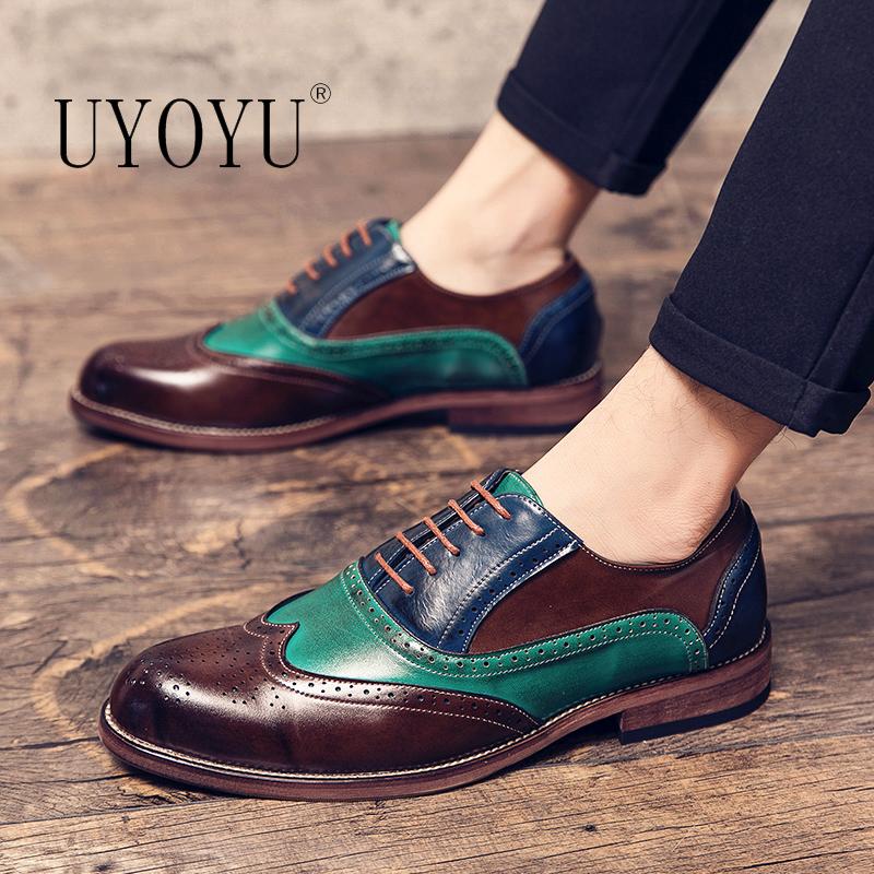 

UYOYU Patent Leather 38~48 Brogue Italy Men's Business Classic Modern Formal Oxford Wingtip Lace Up Dress Shoes, 6091 red
