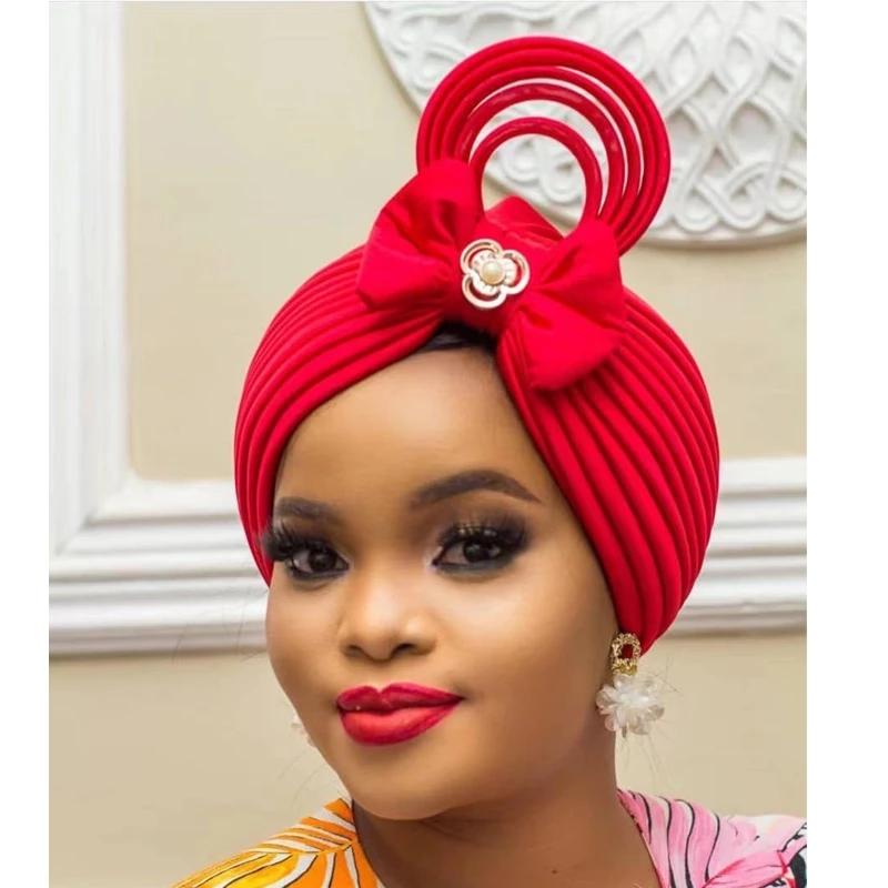 

Ethnic Clothing Fashion Bow African Auto Gele Headtie Nigerian Wedding Muslim Turban Cap Arab India Hat Women Wrap Head Turbante Mujer