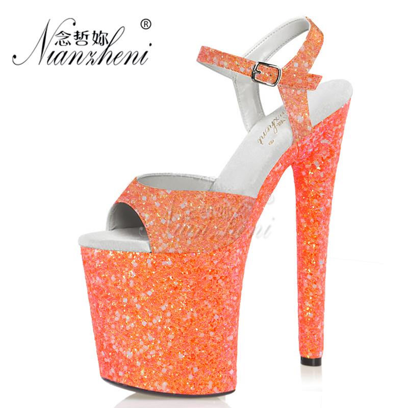 

Flash powder Bling 8 inches Super High heeled shoes Shallow Big Size Nightclub Pole dancing Leather insole 20CM Sexy Fetish Sexy, Style a leather inso