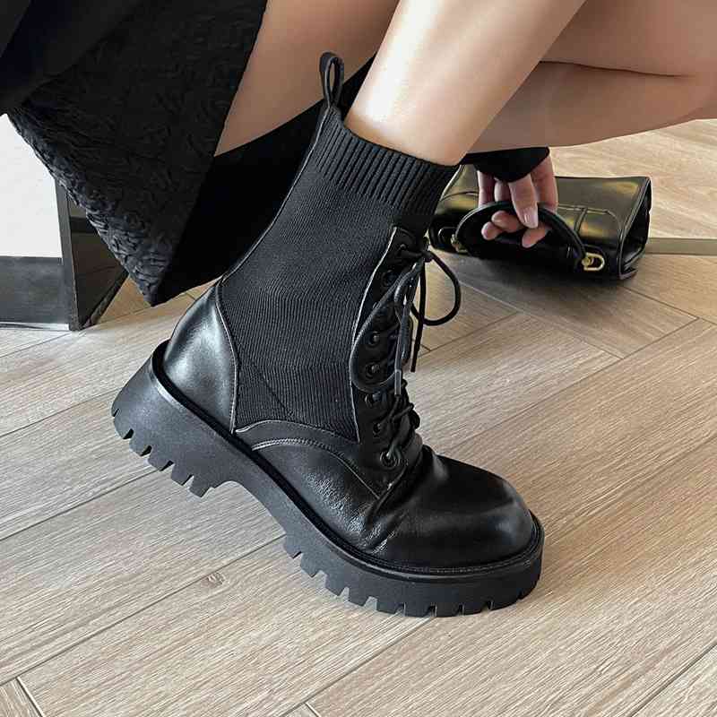

boots ins women's ankle boots natural leather 22-25cm upper + crocheted boot tube shoes wom autumn and winter ho0t, Black