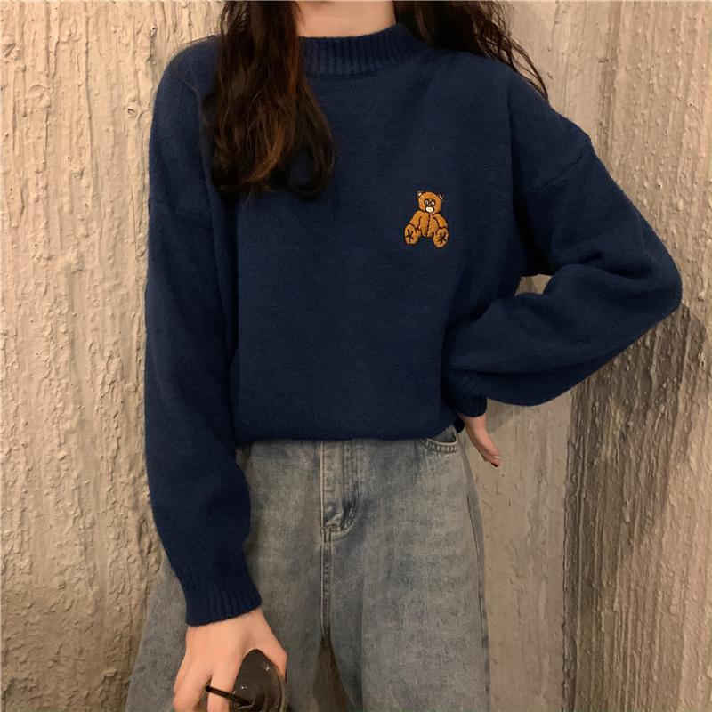 

Women's Sweaters Little Bear Embroidered Sweater Autumn And Winter Loose Outer Wear 2021 Lazy Style Top, White;black
