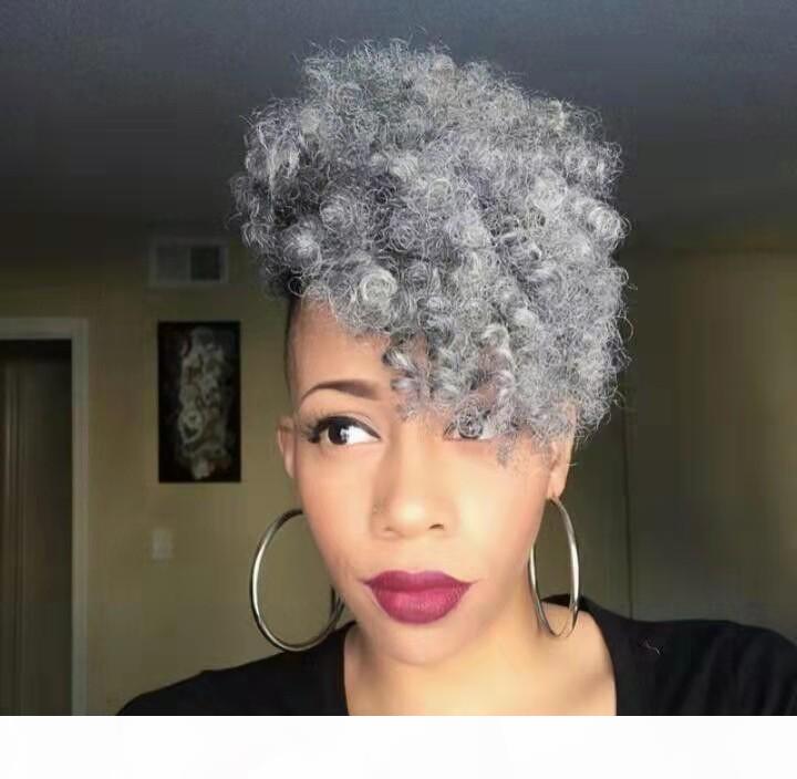 

Variety Short grey human hair ponytail with bang salt pepper gray afro kinky curly human hair drawstring ponytail hair extension 120g