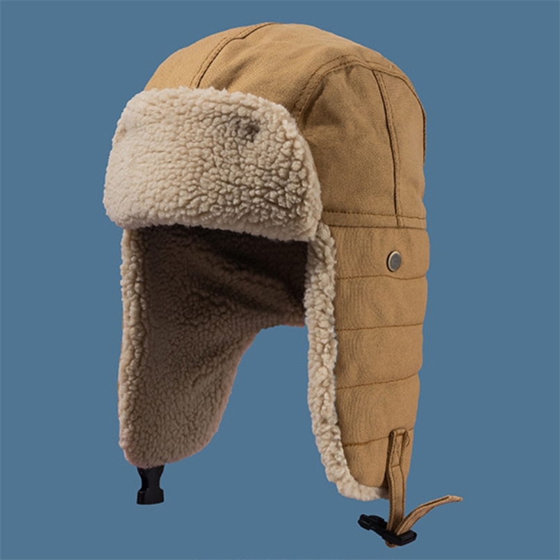 

HT3425 Fashion Winter Hat Thick Warm Berber Fleece Trapper Earflap Cap Men Women Lamb Wool Russian Hat Male Female Bomber Hat 211227, Khaki