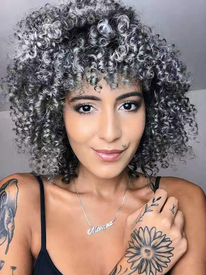 

Salt and pepper grey curly real soft hair ponytail afro partical puff 14inch silver gray human hair ponytail extension for black women