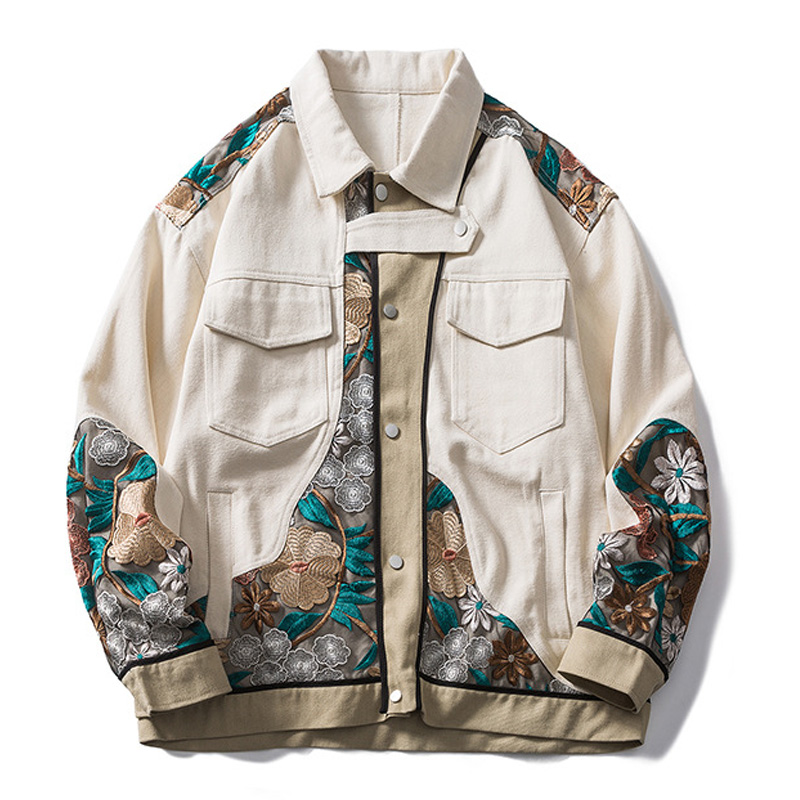 

High Street Canvas Embroidery Jacket Men Japanese Stitching Lace Flower Jackes Turn-down Collar Harajuku Chaquetas Streetwear, Black;brown
