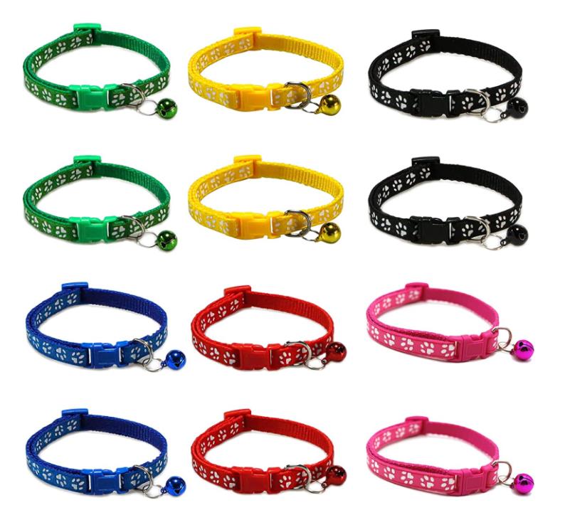

Footprint Cat Puppy Dog Collars with Bell Basic Reflective Pet ID Buckle Adjustable Polyester Seatbelts Soft Nylon Colorful