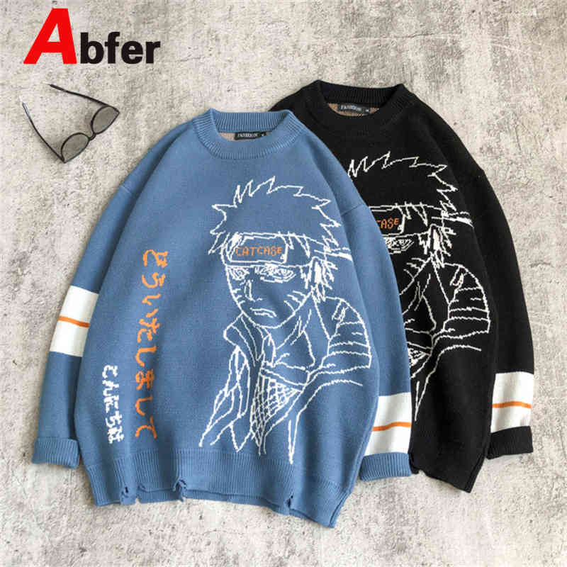 

abfer japane knitted sweaters anime crewneck jumpers women men cartoon costume pullover harajuku korean cloth, Black