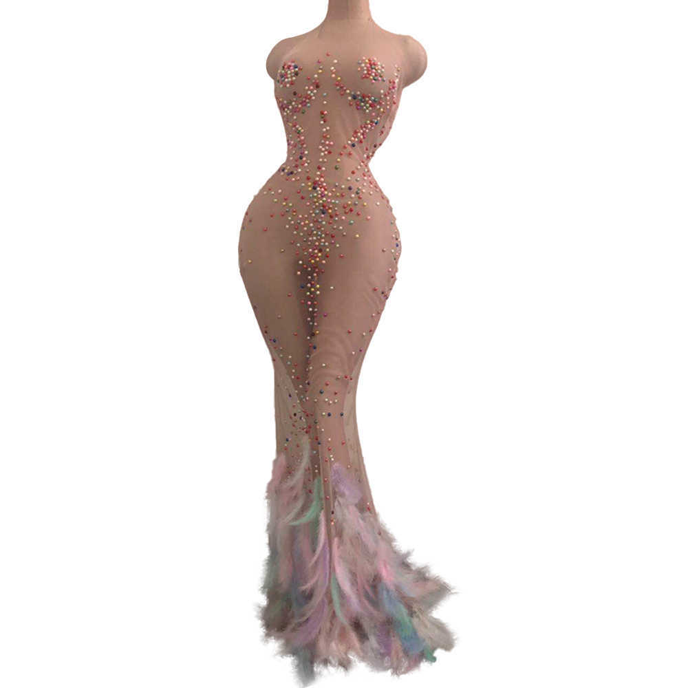 

Sexy Multicolor Beading See Through Mesh Mermaid Long Dres Bodycon Perspective Evening Party Feathers Stage Outfits 210608, Clear