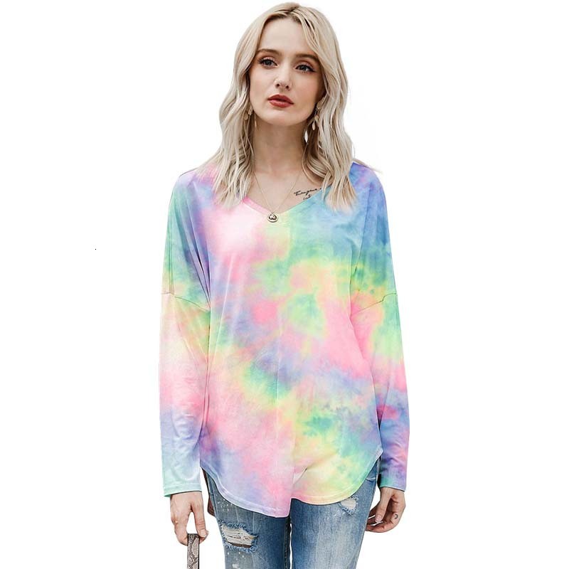 

2021 New Korean Style Tie Dye Long Sleeve Sexy t for Women Autumn V-neck Plus Size Fashion Tshirt Top Harajuku Tee Shirt Femme 0k8r, Color-1