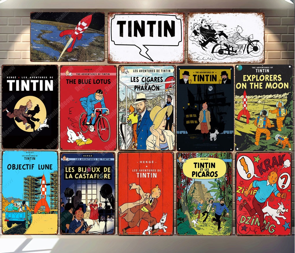 

2021 Retro Adventures of Tintin Movie Cartoon Vintage Tin Signs Metal Wall Art Poster Pub Cafe Home Decor Vintage Bar Decoration Kid's Gift