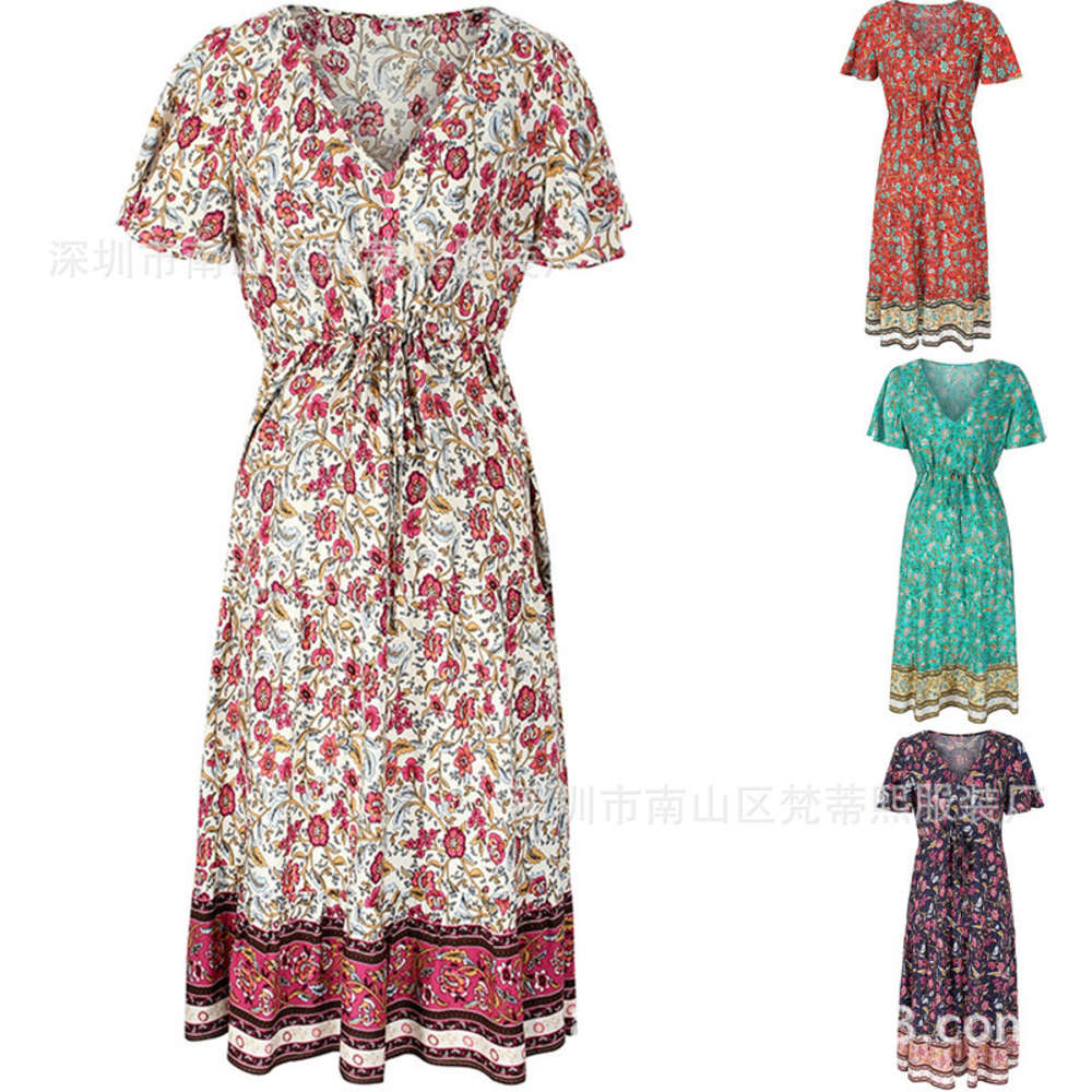 

Summer women's slim floral print medium length V-neck Short Sleeve Dress, Black;gray