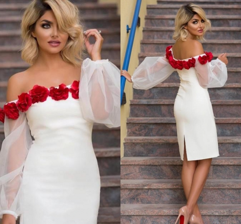 

2021 New Elegant Prom Off Shoulder Sleeve Knee-length Party Gowns with Flowers Formal Es Robe De Soriee 59rz