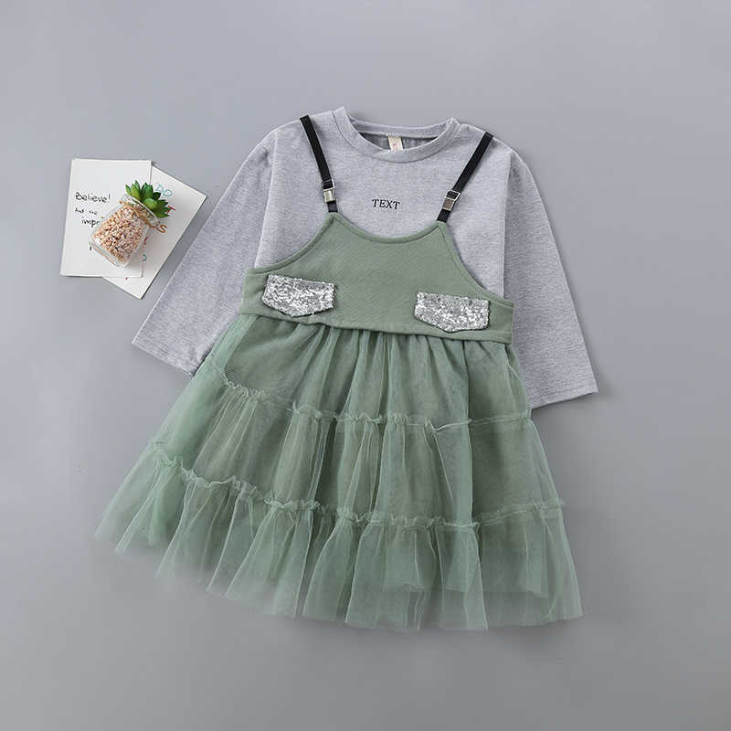 

3-7 years high quality girls clothing set spring autumn fashion casual solid shirt + mesh dress kid children 210615, Gray