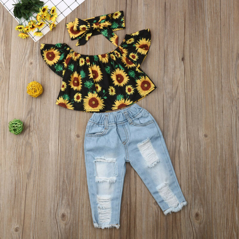 

Baby Girl Clothes Girls Off Shoulder Sunflower Print Top Ripped Denim Pants Headband 3Pcs Toddler Outfits Summer Kid Clothes Set, Default color
