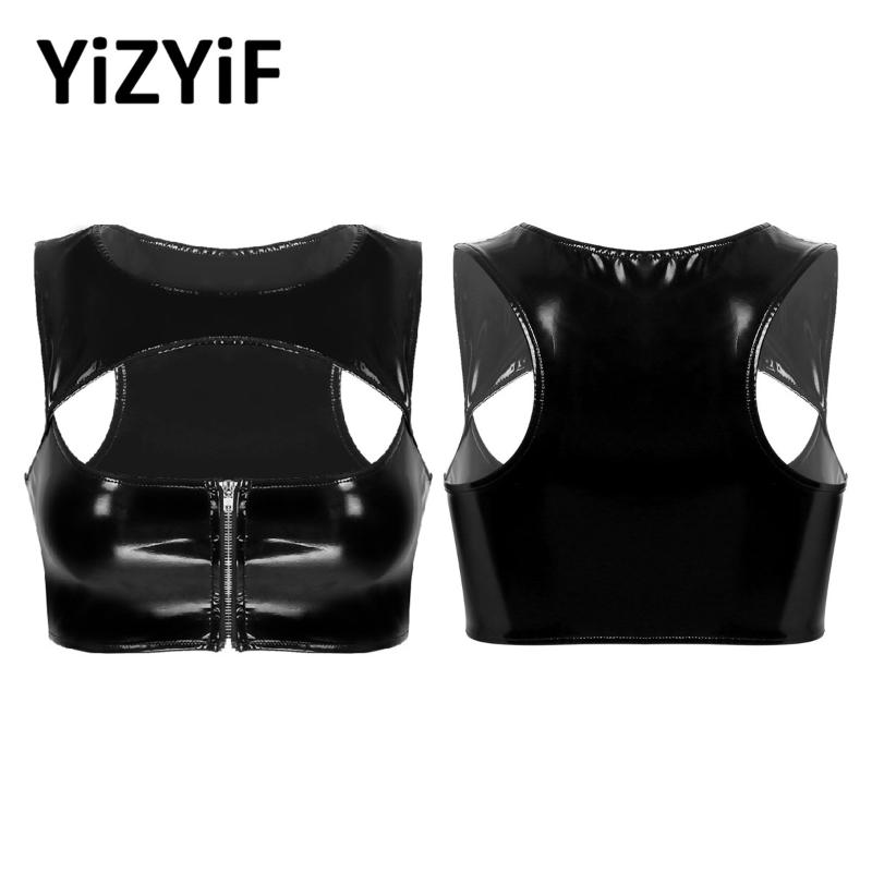 

Bras Sets Womens Wetlook Crop Tops Sexy Patent Leather Sleeveless Zipper Front Pole DJ Club Dance Costumes Latex Clubwear, Red;black