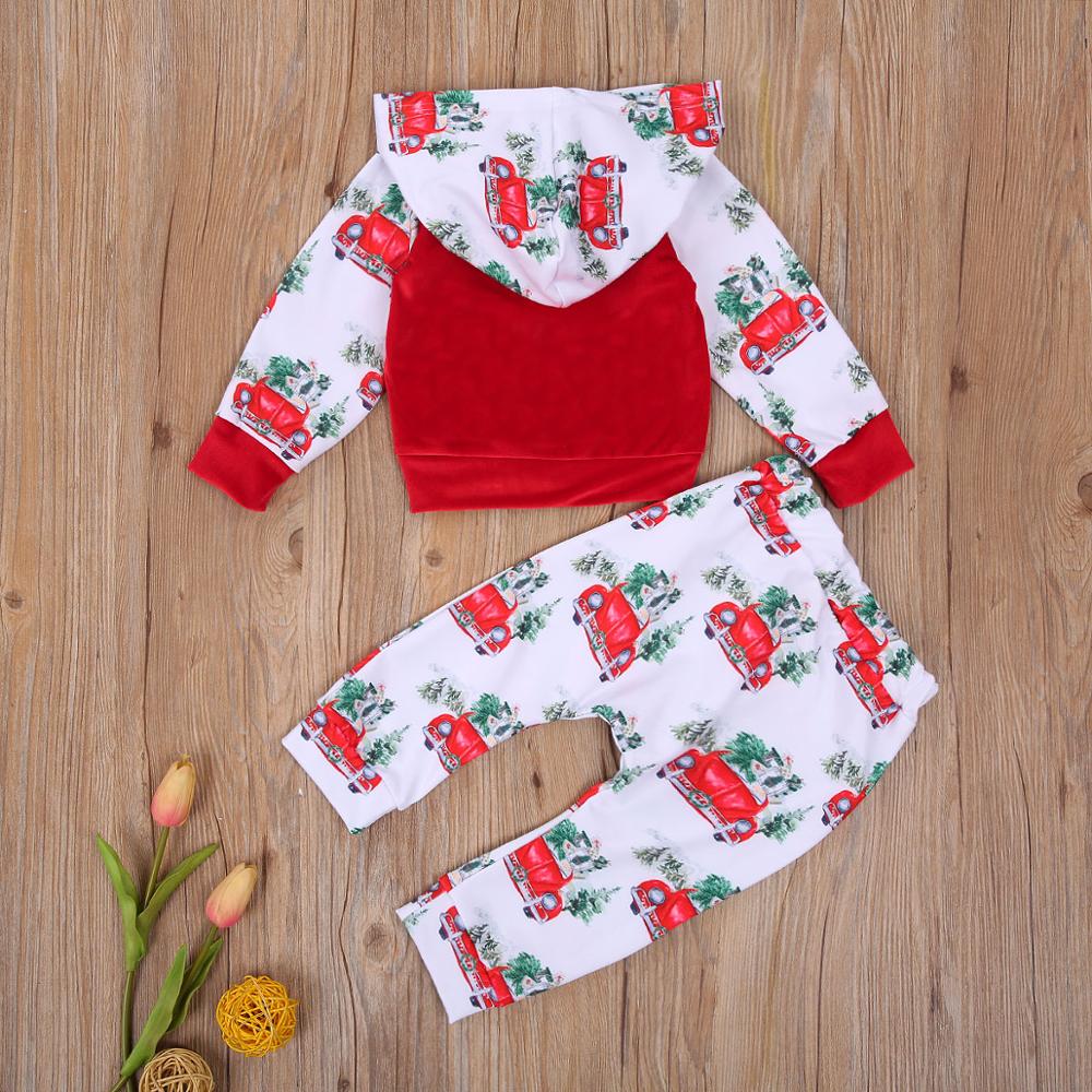 

0-2Y Baby Girls Cotton Red Long Sleeve Car Print Hooded Newborn T Shirts + Kids Pant Kid Clothes Set Girl Christmas 2pcs Sets