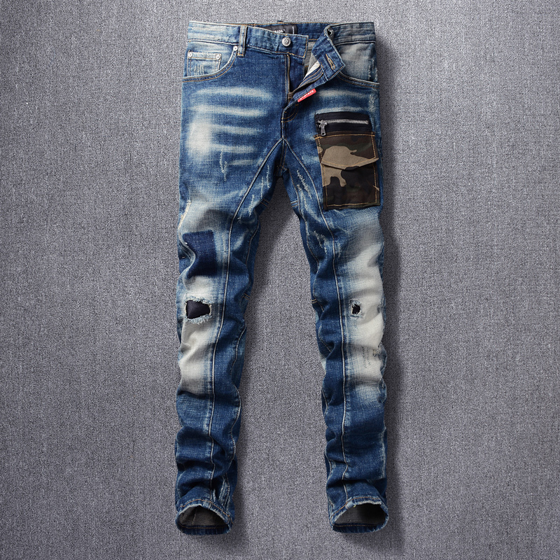 

2021 New American Streetwear Fashion Men Jeans High Quality Spliced Designer Punk Ripped Denim Trousers Patch Pocket Hip Hop Biker Pants Oi6, Retro blue