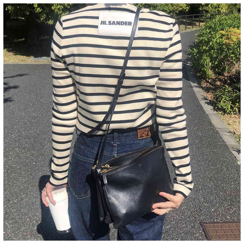 

Men's T-Shirts Casual estilo simples jil sander clássico listrado magro masculino o-pescoço camiseta 100% algodão feminino manga longa base camisa B6SH, 1# shoe box