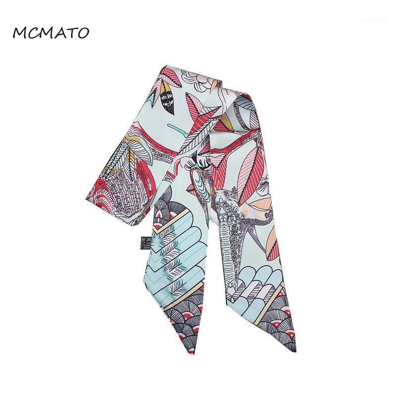 

Scarves 2021 Design Feather Bird Leaves Print Woman Silk Scarf Brand Bag Ribbons Fashion Head Small Long Headband1
