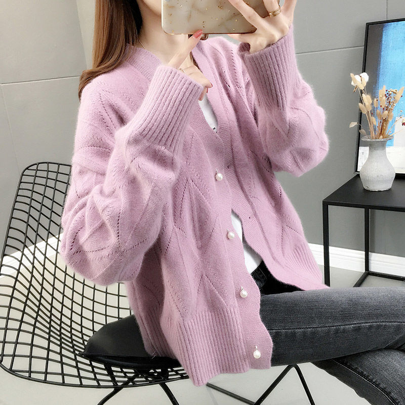 

2021 New Casacos De Malha Feminina Moda Outono Oco Manga Comprida Solta Outwear Casual Boto Com Decote Em v Slido Feminino Topos X4qi, Pink