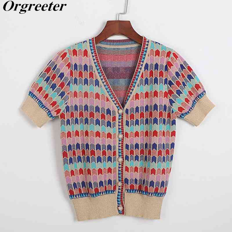 

Gold thread Pearl button Knitted Cardigan Short-sleeved Blouse Summer Contrast Grid V-neck Thin Women' Tops Blusas Mujer 210525, Pullover tops