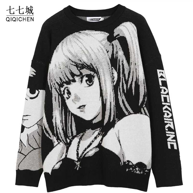

Anime Girl Knitted Sweater Men Hip Hop Streetwear Sweaters Vintage Pullover Women Japanese Harajuku Tops Spring Pullover 211109, White