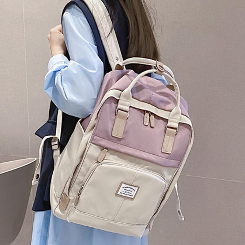 

Backpack Nylon Women Female Contrast Color Ring Buckle Portable Travel Bag Cute Fashion School For Teenage Girls, Black