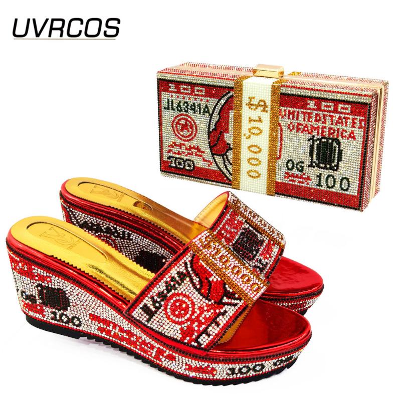 

Dress Shoes Nigerian Arrival Italian Design Selling Red Color Speical Narrow Band And Rhinestonc Style Women Bag Set, Black