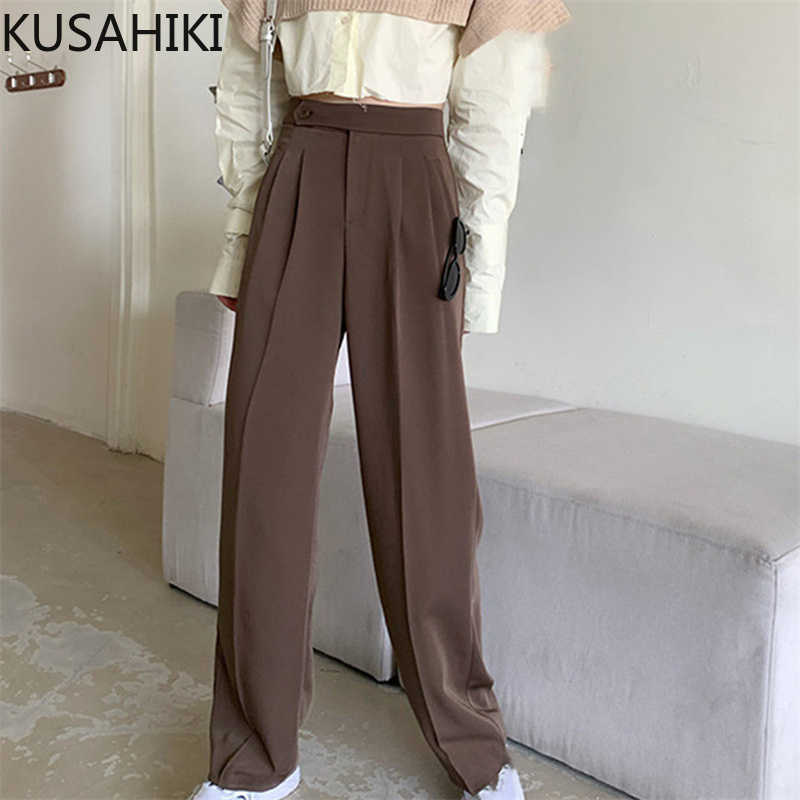

High Waist Suit Wide Leg Pants Femme Korean Causal Elegant Women Trousers Spring Autumn Long 6F180 210603, Dark brown