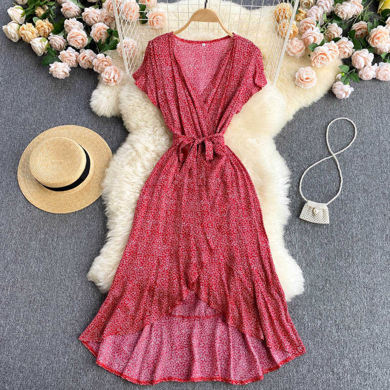 

DEAT Women Printing Belt Asymmetricl Dress V-Neck Short Sleeve Arrivals Lady Temperament Fashion Spring Summer 11D553 210709, Blue