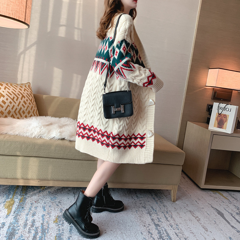 

women's knits & tees sweater jacket women's mid-length loose korean version winter new lazy style v-neck twist knit cardigan thick, White