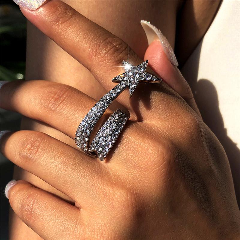 

Wedding Rings Luxury Female White Crystal Star Ring Charm Zircon Silver Color For Women Dainty Adjustable Open Engagement