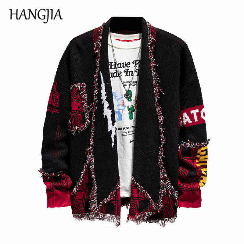 

Hip Hop Colorblock Tassel Cardigan Sweater Harajuku Streetwear Patch Cardigans Outwear Men Raw Edges Plaid Knitted Sweaters 211109, Black