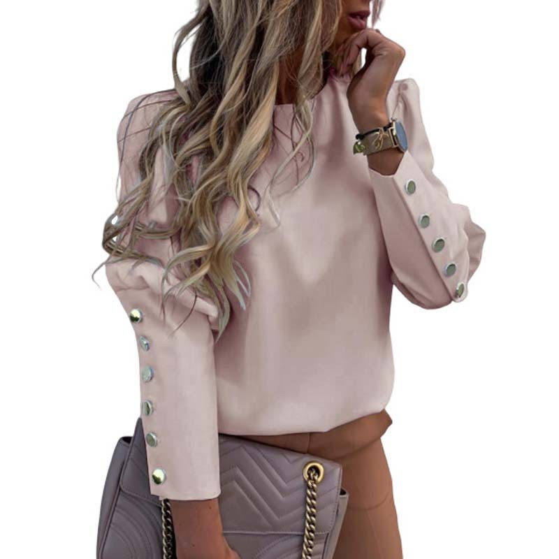 

2021 New Letter Printed Long Sleeve Blouse Women O-neck Metal Button Casual Shirt Autumn Plus Size Elegant Tops and Blouses Vgut, Pineapple