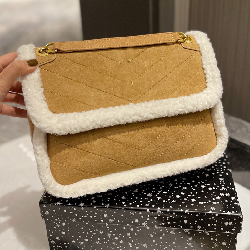

Sherpa Crossbody Bag Fur Handbag Purse Wool Matte Leather Messenger Bags Fashion Letter Golden Chain Flap Women Handbags Wallets, Just box(don not sell sepeartely)