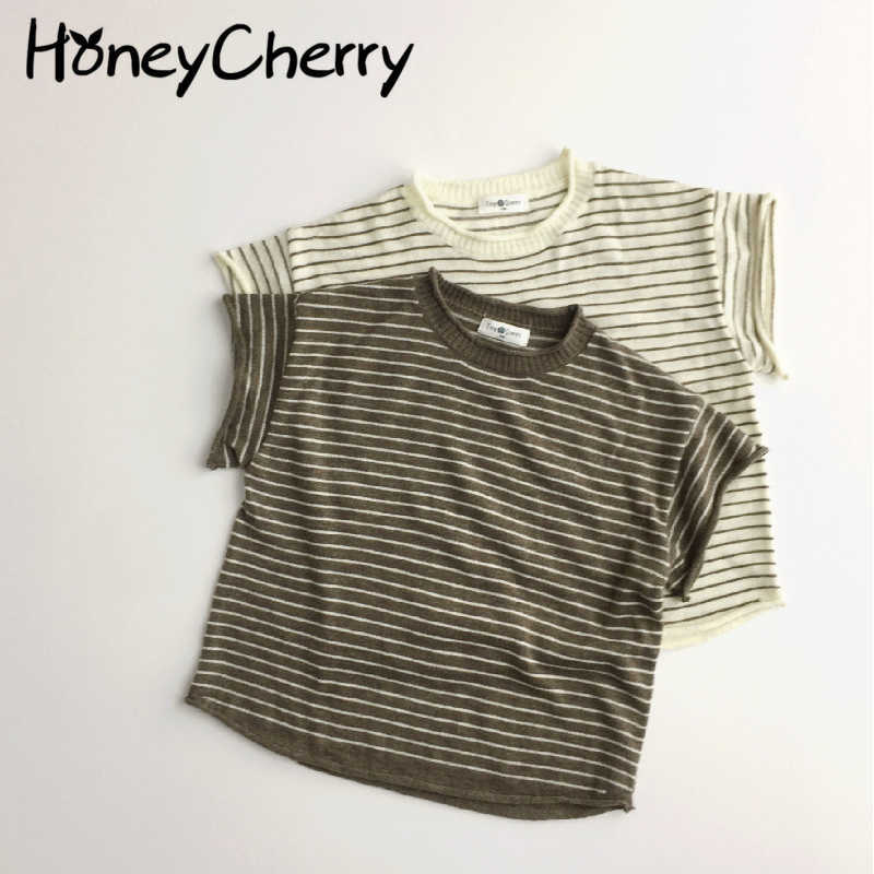 

Summer children Korean short sleeve thin stripe round collar T-shirt kids summer clothes 210701, Beige