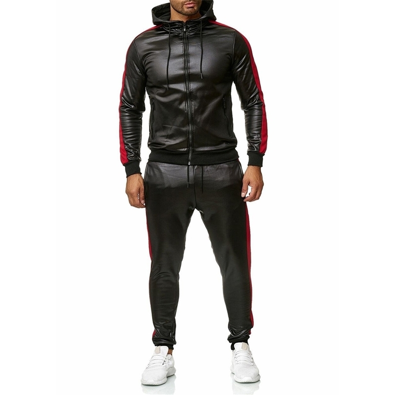 

Men Two Pieces Leather Tracksuit Sets Stripe Sportwear Autumn Spring Casual Hoodie Men' Brand Clothing Slim Workout Tracksuits T200821, White